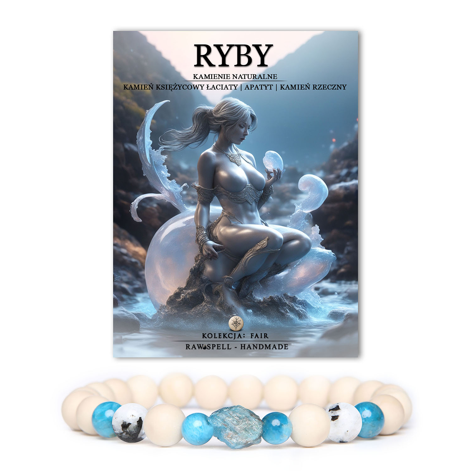 Stylowe akcesoria dla Ryb - zestaw biżuterii z kamieniem księżycowym łaciatym, apatytu i kamieniem rzecznym, dla kobiet i mężczyzn.