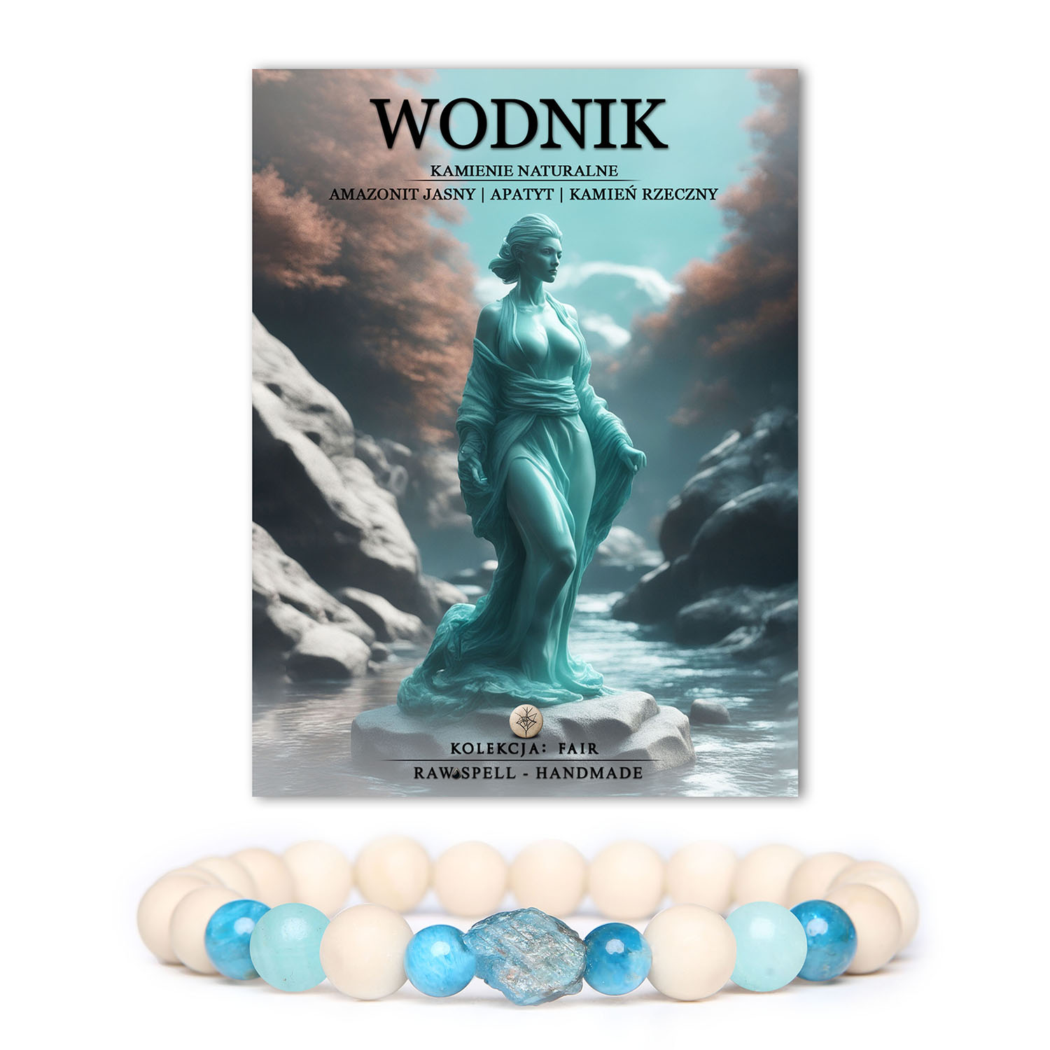 Stylowa kolekcja biżuterii dla Wodnika z jasnym amazonitem, apatytami i kamieniami rzecznymi, podkreślająca indywidualność i niepowtarzalny styl.