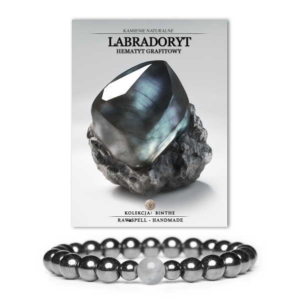 Bransoletka z kamieni naturalnych Binthe z pięknym labradorytem i hematytem grafitowym, elegancka propozycja dla kobiet i mężczyzn.