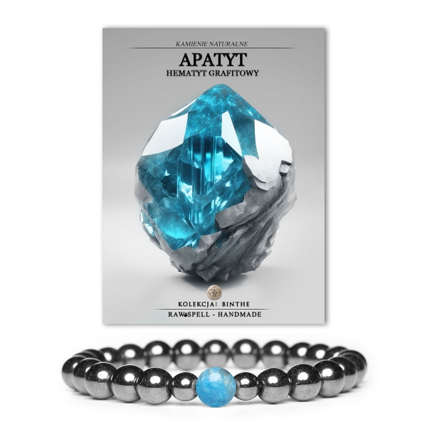 Bransoletka z kolekcji Binthe wykonana z naturalnych kamieni: apatytu i hematytu grafitowego, idealna dla kobiet i mężczyzn.