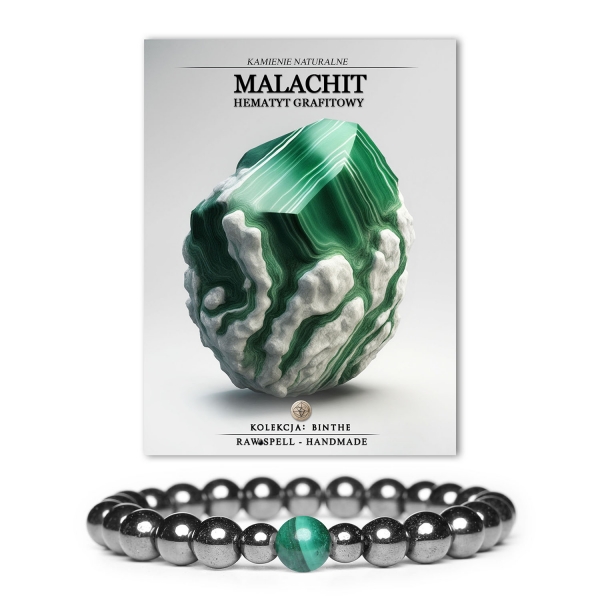 Stylowa bransoletka Binthe z kamieniami naturalnymi: malachit i hematyt grafitowy, dostępna dla dames i panów.