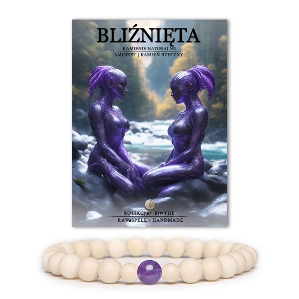 Stylowa bransoletka z kamieni naturalnych, inspirowana znakiem Bliźniąt, wykonana z ametystu i kamienia rzecznego – elegancja dla każdego.