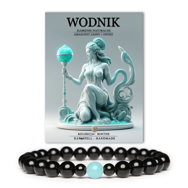 Stylowa bransoletka, wykonana z jasnego amazonitu i onyksem, symbolizująca Znak Zodiaku Wodnik, dostępna w kolekcji Binthe dla każdego.