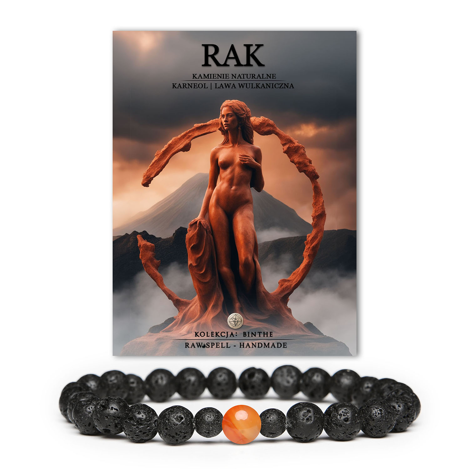 Stylowa bransoletka damska i męska z naturalnych kamieni: karneol i lawa wulkaniczna, idealna dla osób urodzonych pod znakiem Raka.