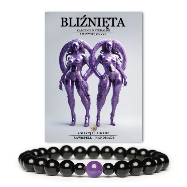 Bransoletka Bliźnięta - Kolekcja Binthe: Damska i męska bransoletka z naturalnych kamieni, łącząca ametyst i onyks, znak Zodiaku Bliźnięta, promująca równowagę i harmonię.