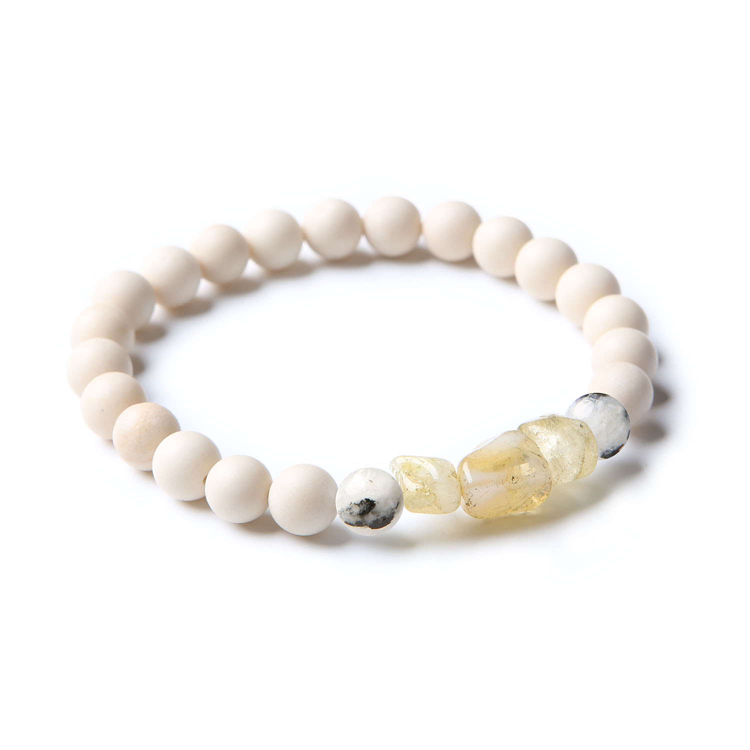 Elegancka bransoletka z kolekcji Cymiri z kamieni naturalnych, w skład której wchodzą kamień księżycowy łaciaty, cytryn oraz kamień rzeczny, unisex.