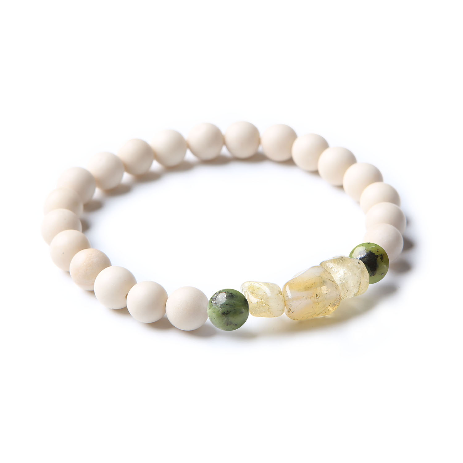 Elegancka bransoletka z kolekcji Cymiri, wykonana z jadeitu zielonego, cytrynu i kamienia rzecznego, doskonała dla każdego.