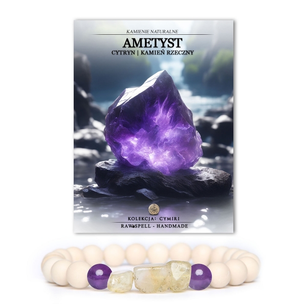 Unikalna bransoletka Cymiri, łącząca ametyst, cytryn i kamień rzeczny, stworzona z myślą o mężczyznach i kobietach.