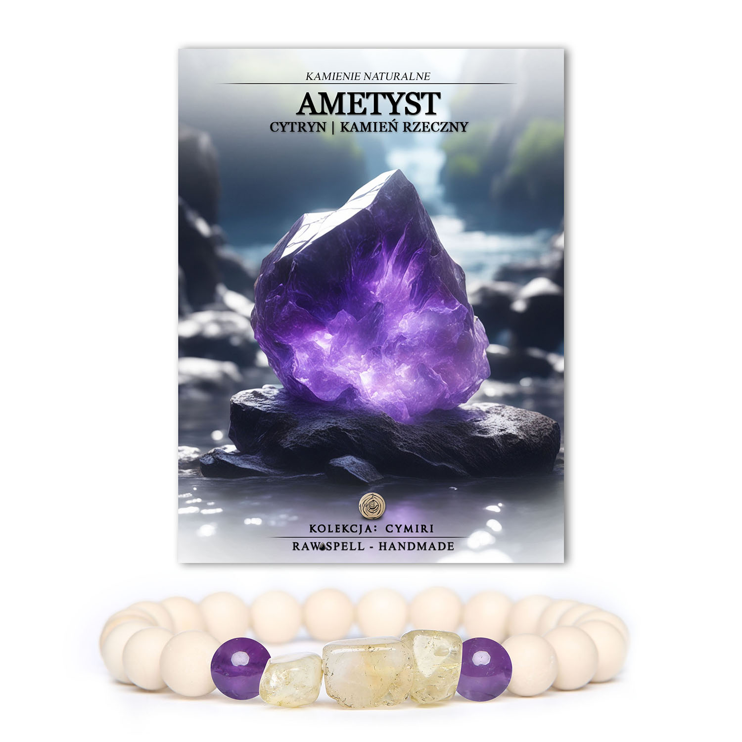 Unikalna bransoletka Cymiri, łącząca ametyst, cytryn i kamień rzeczny, stworzona z myślą o mężczyznach i kobietach.