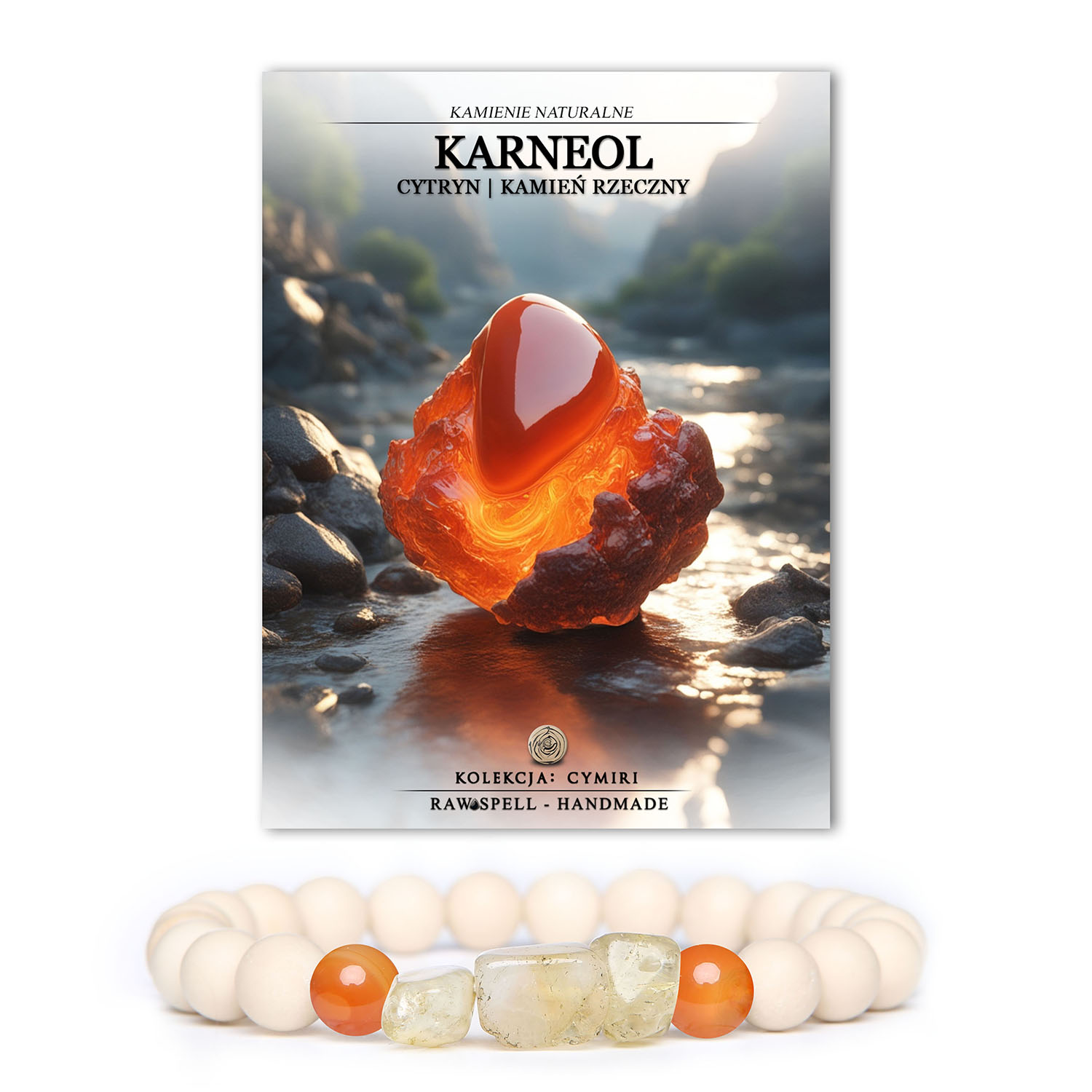 Naturalna bransoletka z kolekcji Cymiri, zawierająca kamienie karneolu, cytrynu i kamienia rzecowego, stworzona z myślą o mężczyznach i kobietach."