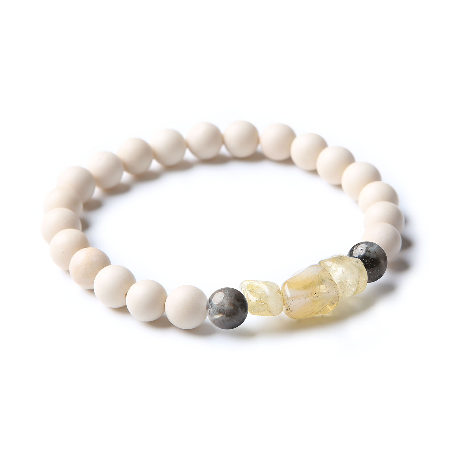 Stylowa bransoletka dla mężczyzn i kobiet z kolekcji Cymiri, zdobiona kamieniami naturalnymi: larvikitem, cytrynem i kamieniem rzecznym.
