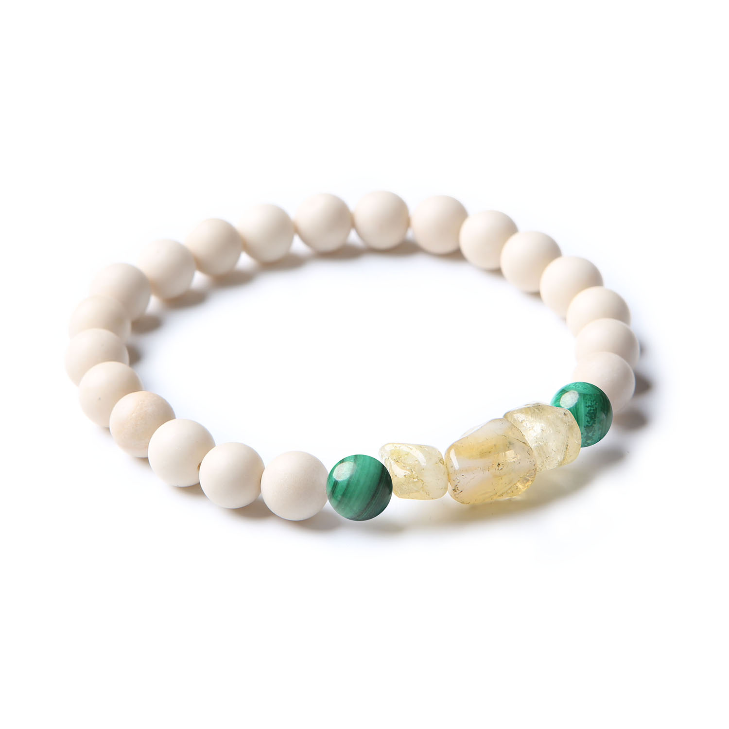 Bransoletka z kolekcji Cymiri, wykonana z naturalnych kamieni: malachitu, cytrynu i kamienia rzecznego, idealna dla mężczyzn i kobiet.