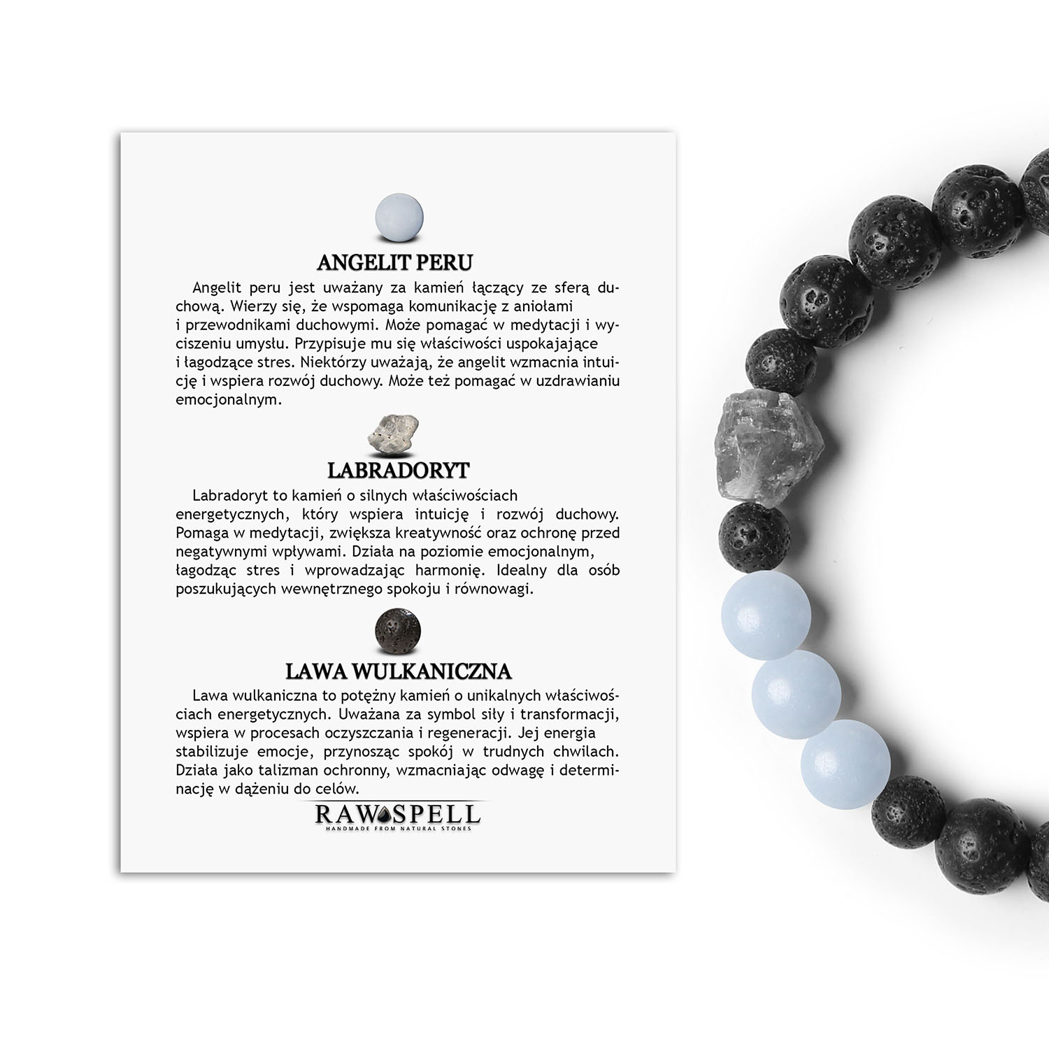 Odkryj bransoletkę Derdr Angelit, Labradoryt i Lawa Wulkaniczna. Naturalne kamienie dla elegancji mężczyzn i kobiet. Zainwestuj w siebie Stylowa bransoletka z kolekcji Derdr, wykonana z angelitu, labradorytu i lawy wulkanicznej - doskonały dodatek dla każdego.