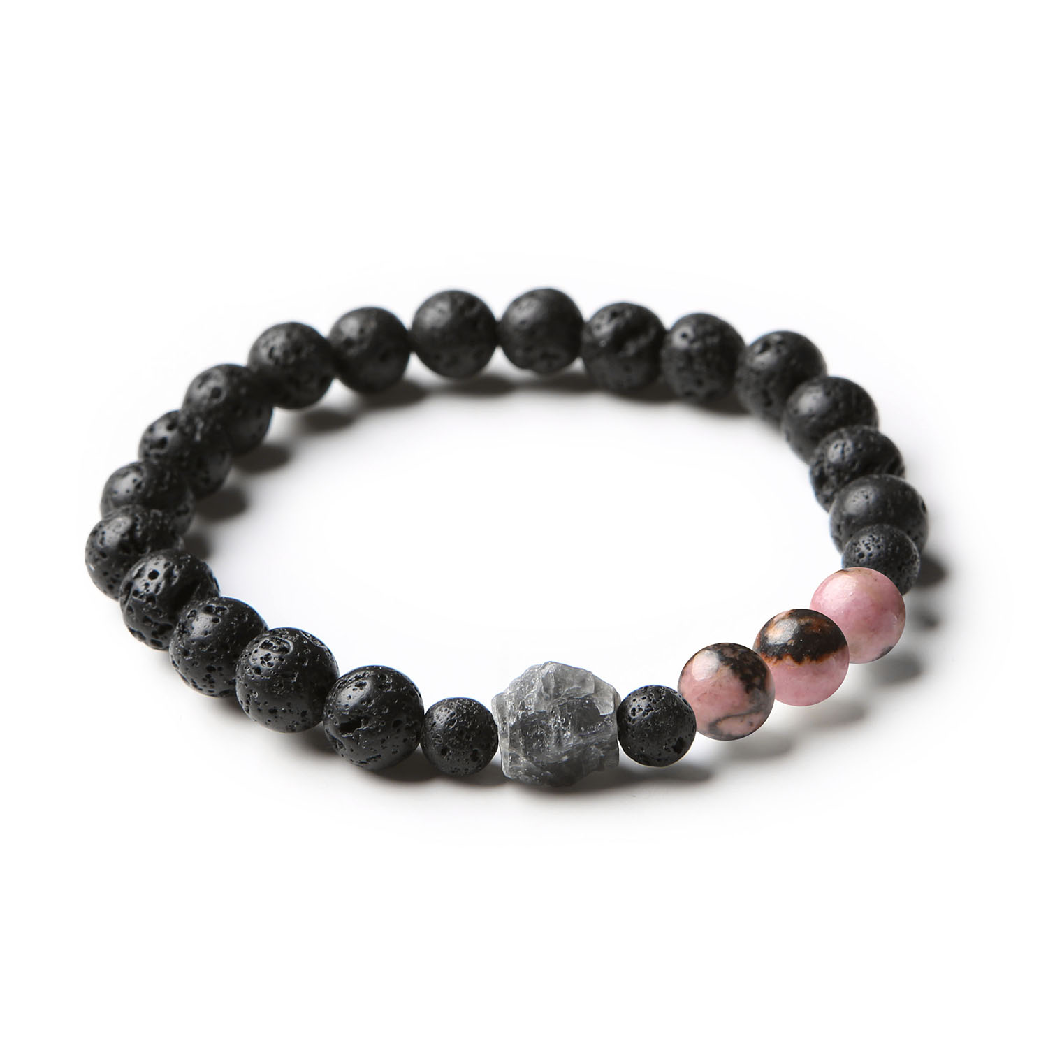 Bransoletka Derdr z kamieni naturalnych: różowo-czarny rodonit, labradoryt i lawa wulkaniczna – elegancki dodatek dla obu płci.