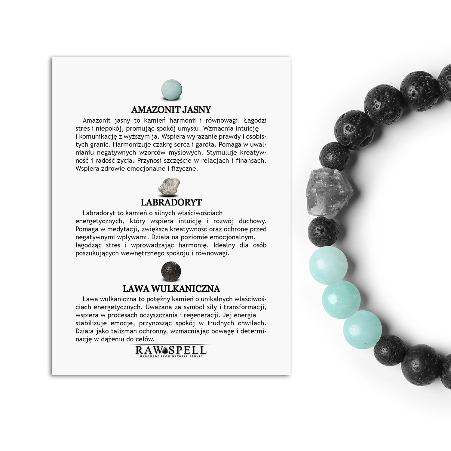 Odkryj bransoletkę Derdr z amazonitem, labradorytem i lawą wulkaniczną. Idealna dla kobiet i mężczyzn - naturalne kamienie w modzie Bransoletka Derdr z wyjątkowych kamieni naturalnych: jasny amazonit, labradoryt i lawa wulkaniczna, unikalny dodatek dla każdej osoby.