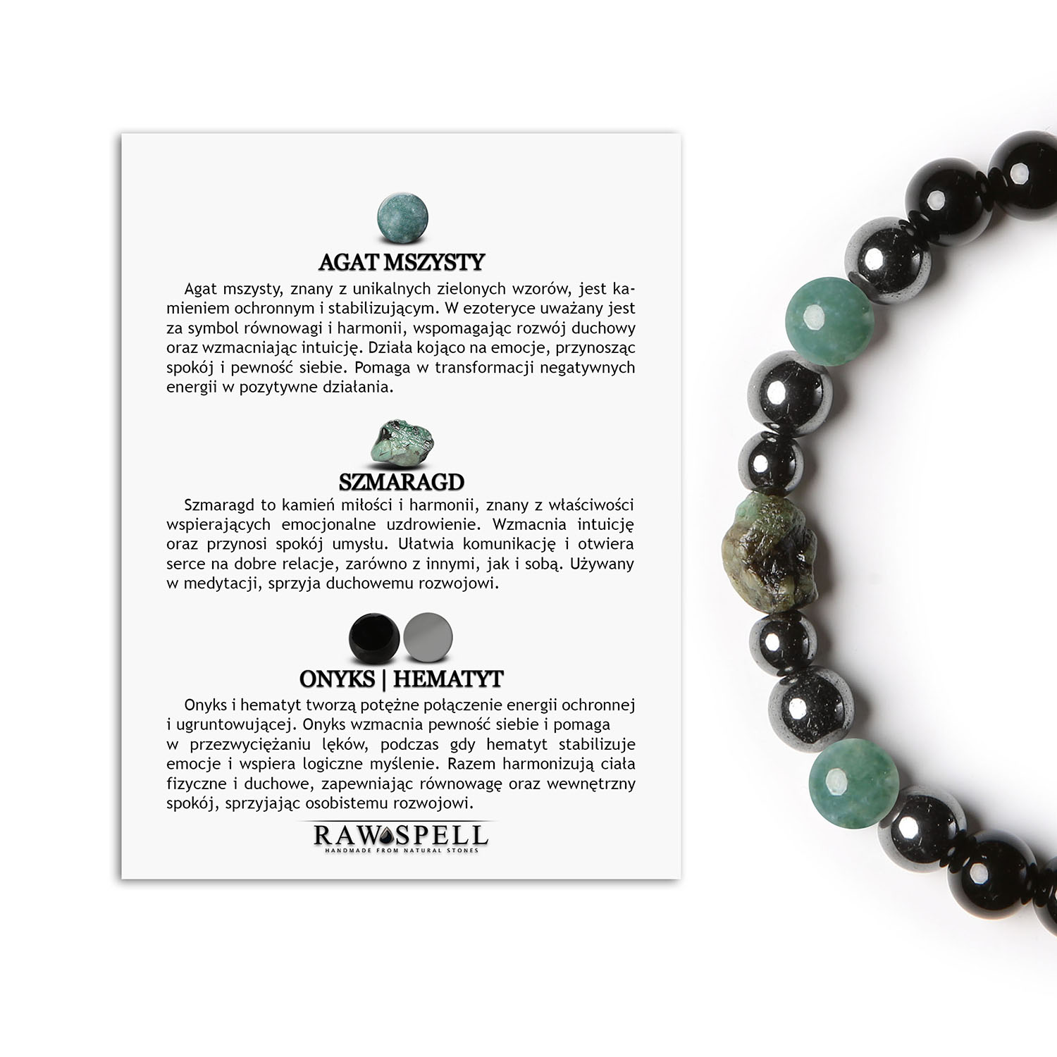 Odkryj bransoletkę Elai! Agat Mszysty, Szmaragd, Onyks i Hematyt - unikatowe połączenie dla każdego Stylowa bransoletka z kolekcji Elai, dostępna w wersji damskiej i męskiej, ozdobiona agatami mszystymi, szmaragdem, onyxem oraz hematytem grafitowym.