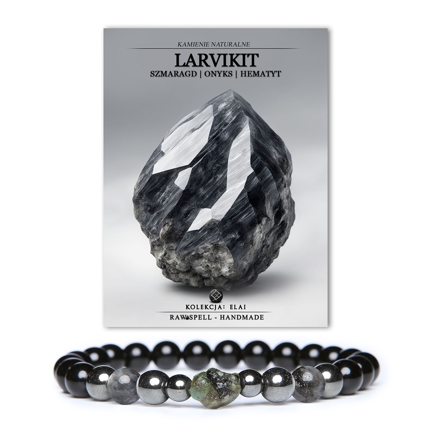 Stylowa bransoletka z kolekcji Elai, wykonana z larvikitu, szmaragdu, onyksu i hematytu grafitowego - unikalny akcent dla każdego.