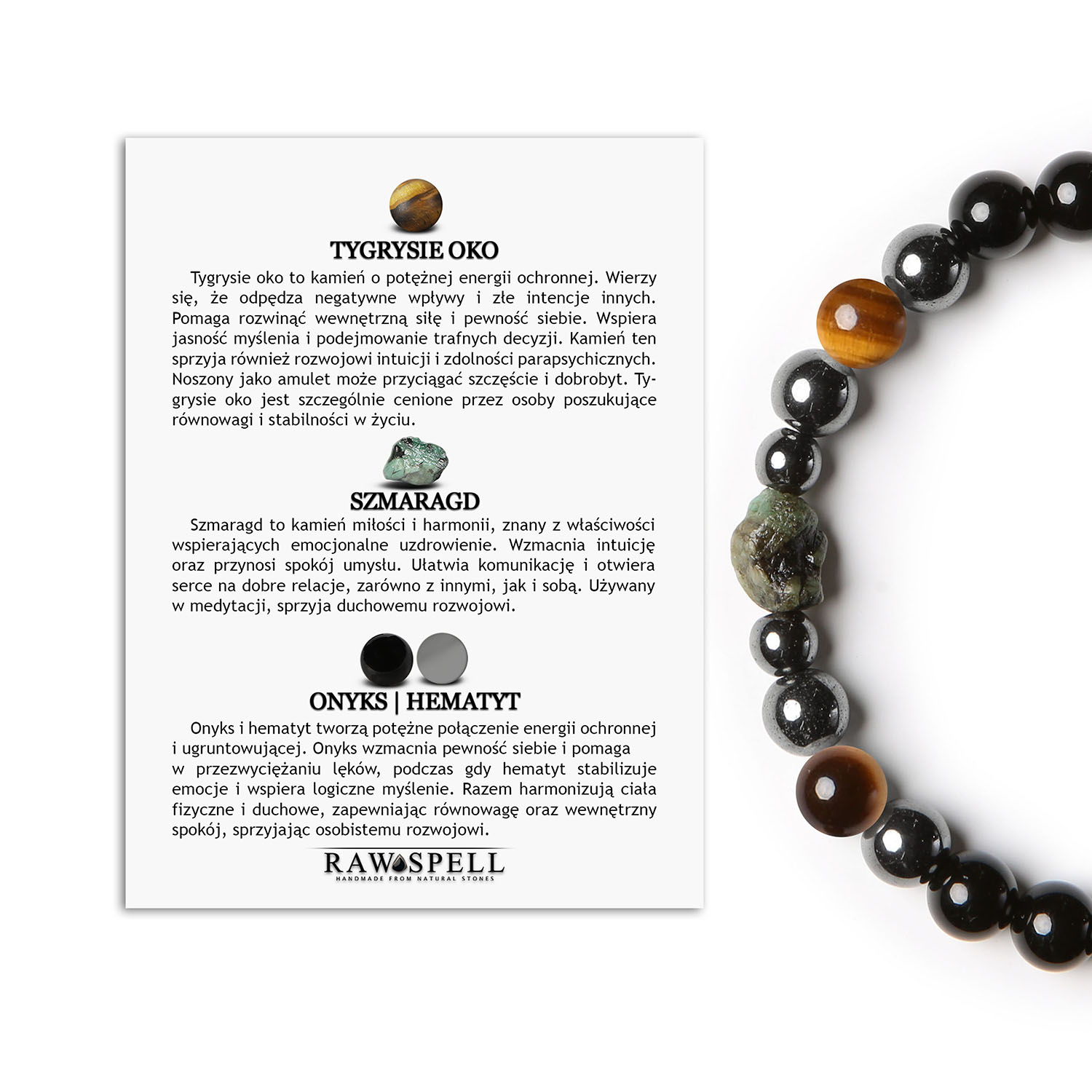 Odkryj bransoletkę Elai - Tygrysie Oko, Szmaragd, Onyks i Hematyt Grafitowy. Idealna dla każdego Stylowa bransoletka Elai, ozdobiona kamieniami: tygrysim okiem, szmaragdem, onyksami oraz grafitowym hematytem, dostępna w wersji damskiej i męskiej.
