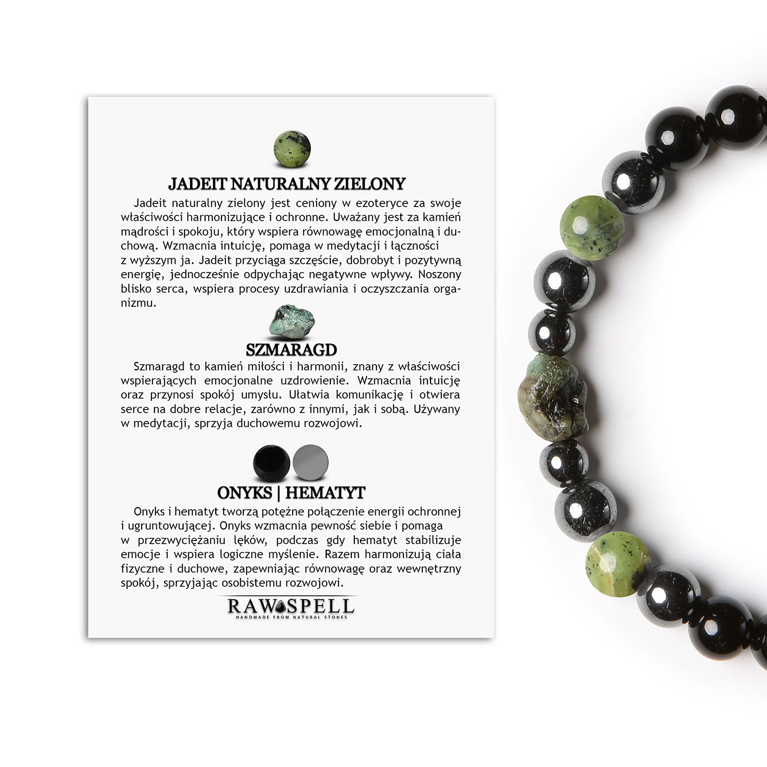 Odkryj bransoletkę Elai damska i męska, z jadeitem, szmaragdem, onyksem i grafitowym hematytem Stylowa bransoletka damska i męska z kolekcji Elai, zdobiona zielonym jadeitem, szmaragdem, onyksami oraz hematytem grafitowym.