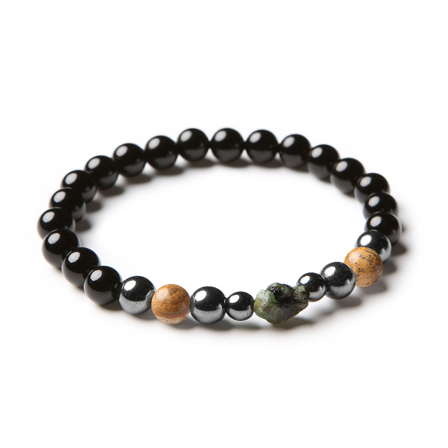 Stylowa bransoletka z kolekcji Elai, wykonana z jaspisu obrazkowego, szmaragdu, onyksu i hematytu grafitowego - idealny dodatek zarówno dla kobiet, jak i mężczyzn.