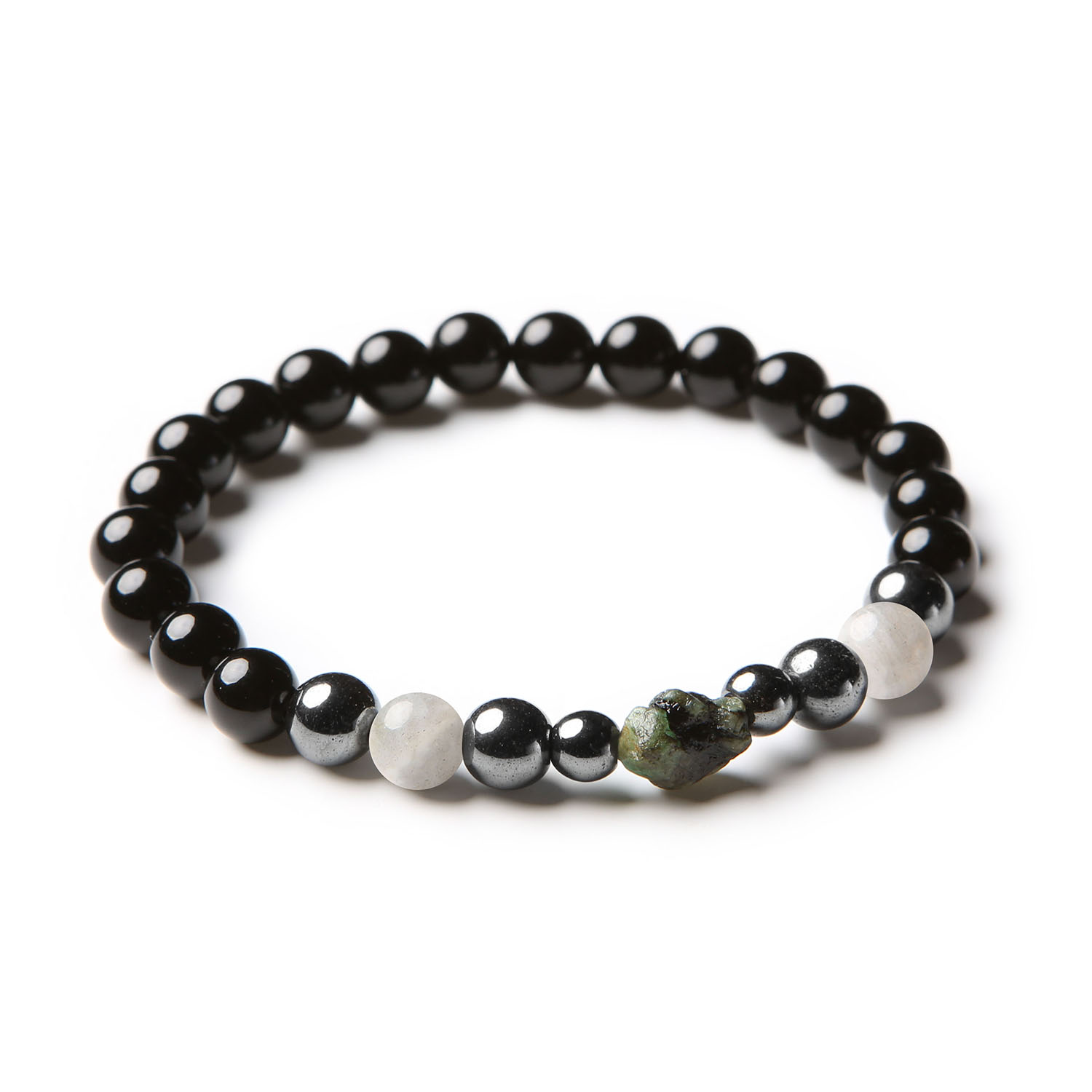 Stylowa bransoletka Elai, wykonana z labradorytu, szmaragdu, onyksu i hematytu grafitowego, idealna dla kobiet i mężczyzn.