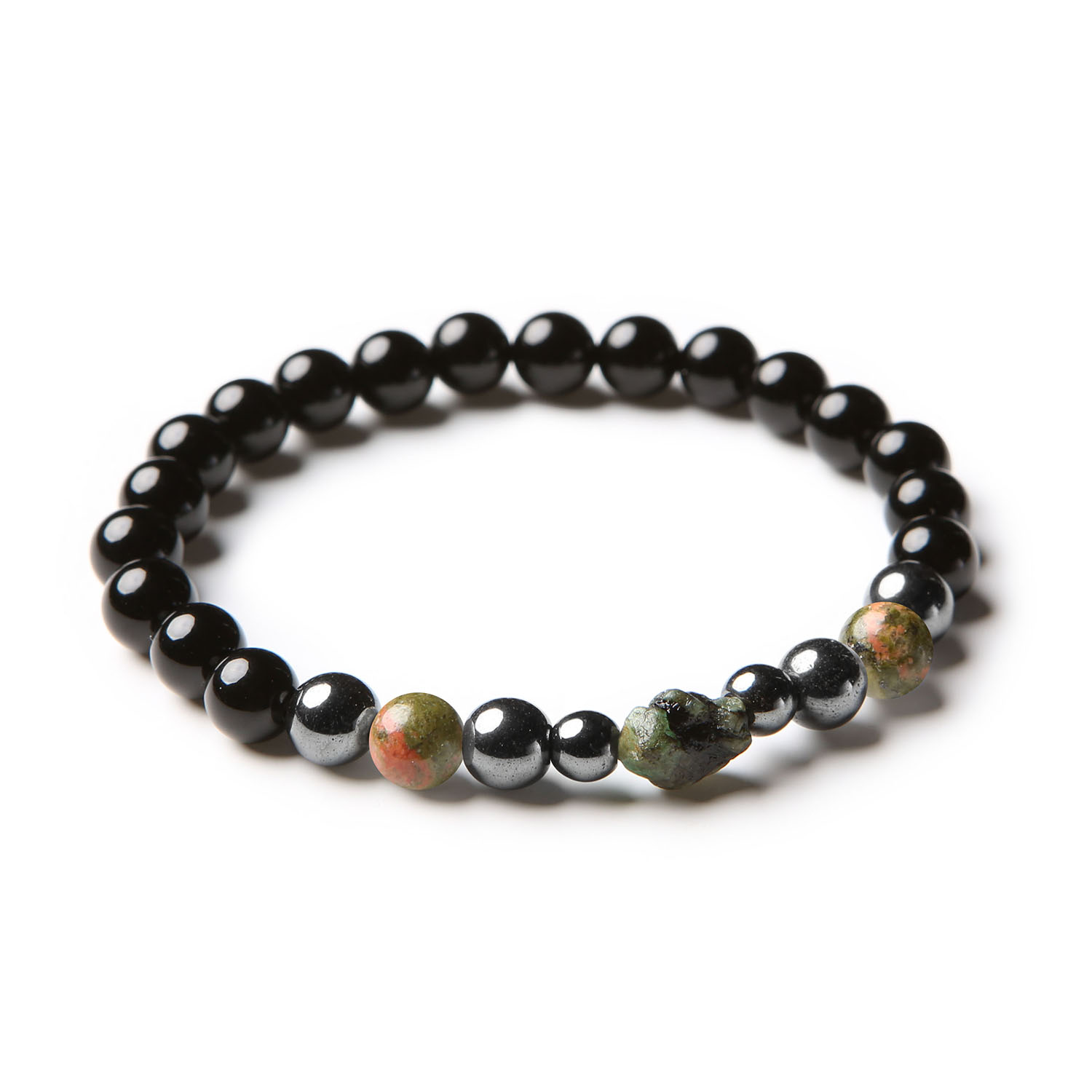 Stylowa bransoletka Elai z unakitem, szmaragdem, onyksami i hematytem grafitowym, idealna dla kobiet i mężczyzn.