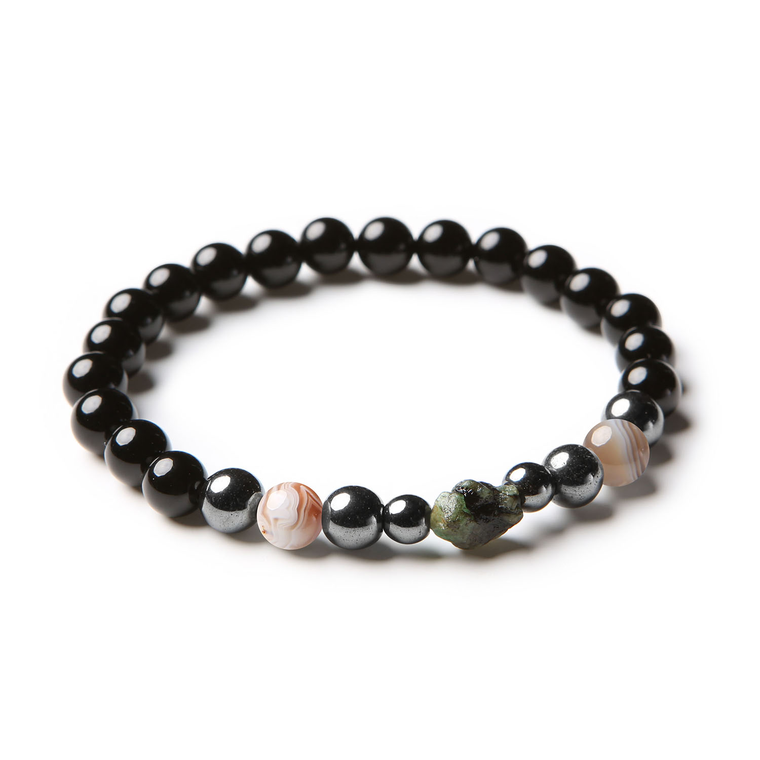 Damska i męska bransoletka Elai, wykonana z naturalnych kamieni: Agatu Botswana, Szmaragdu, Onyksu oraz Hematyty Grafitowego.