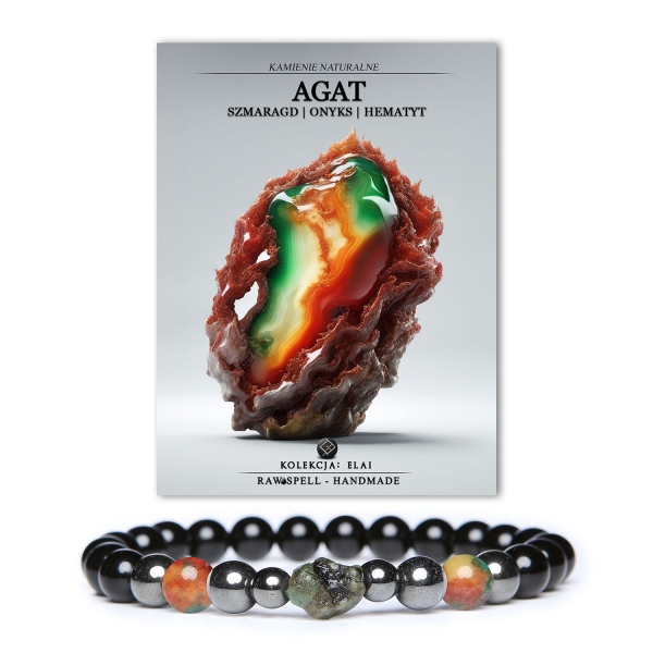 Stylowa bransoletka z kolekcji Elai, zawierająca agat, szmaragd, onyks i hematyt grafitowy, idealna dla kobiet i mężczyzn.