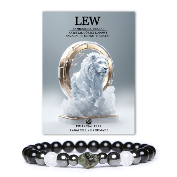 Stylowa bransoletka z naturalnych kamieni dla Lwa, z kryształem górskim, szmaragdem, onyksami i hematytem - idealna dla kobiet i mężczyzn.