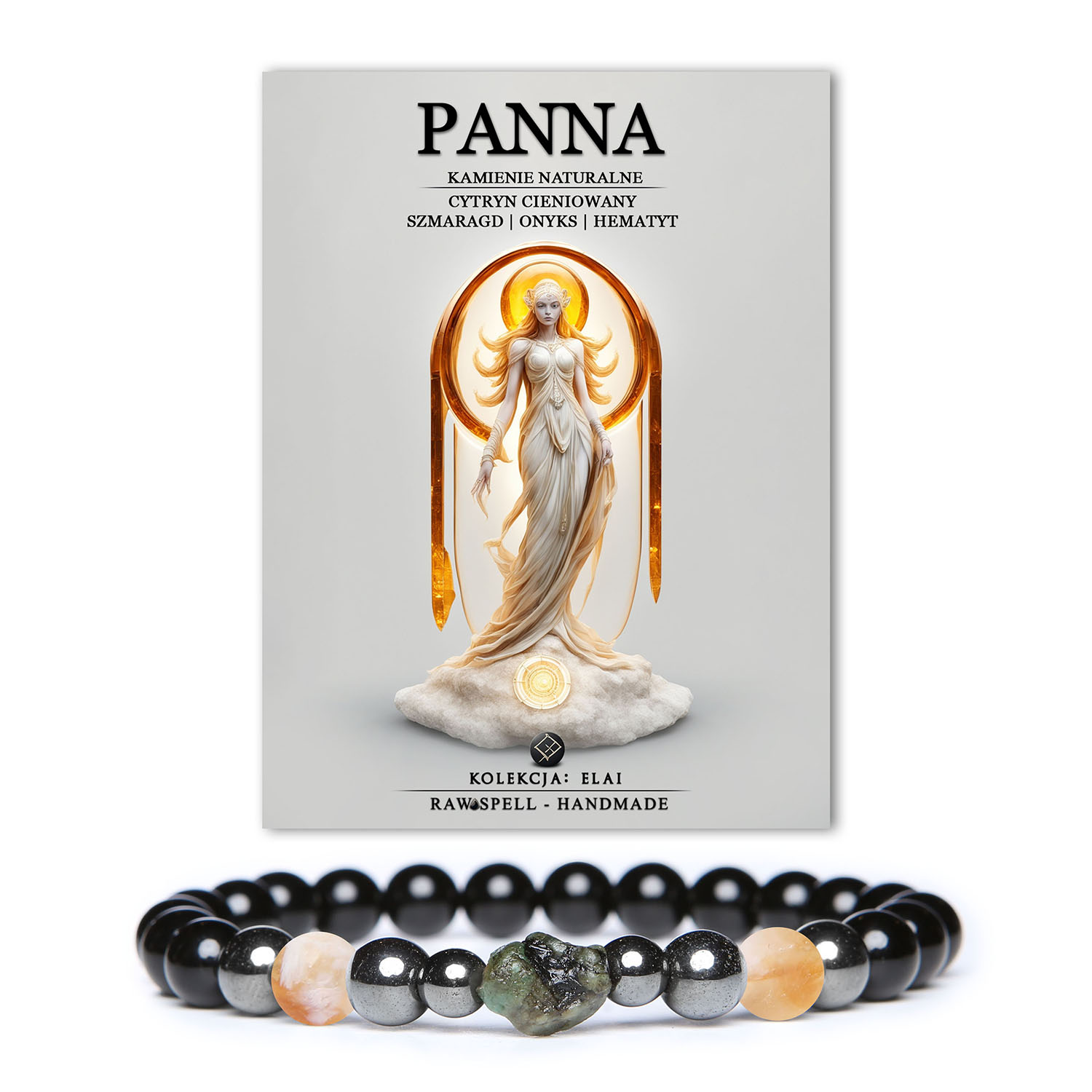Elegancka bransoletka z kamieni naturalnych w kolorach cytrynowego, szmaragdowego, onyksu i grafitowego hematytu, stworzona dla Panny. Kolekcja Elai.
