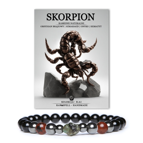 Stylowa bransoletka z kamieni naturalnych w kolorach brązowego obsydianu, zielonego szmaragdu, czarnego onyksu oraz szarego hematytu grafitowego. Idealny dodatek dla Skorpionów, łączący elegancję z energetycznym wsparciem.