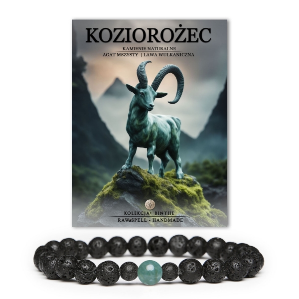 Elegancka bransoletka z naturalnych kamieni, stworzona dla Koziorożców, łącząca agatu mszystego oraz lawę wulkaniczną w wersji damskiej i męskiej.