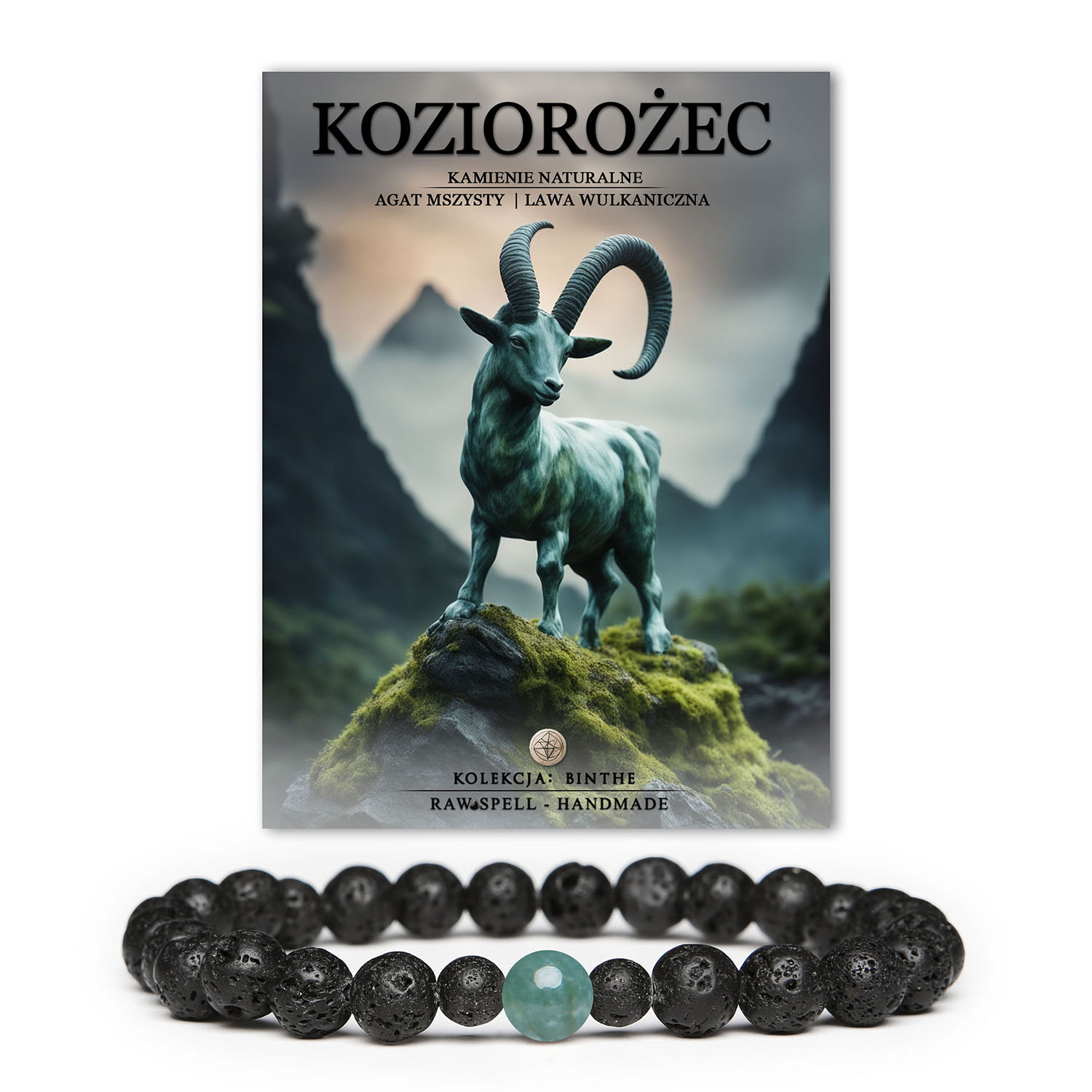Elegancka bransoletka z naturalnych kamieni, stworzona dla Koziorożców, łącząca agatu mszystego oraz lawę wulkaniczną w wersji damskiej i męskiej.