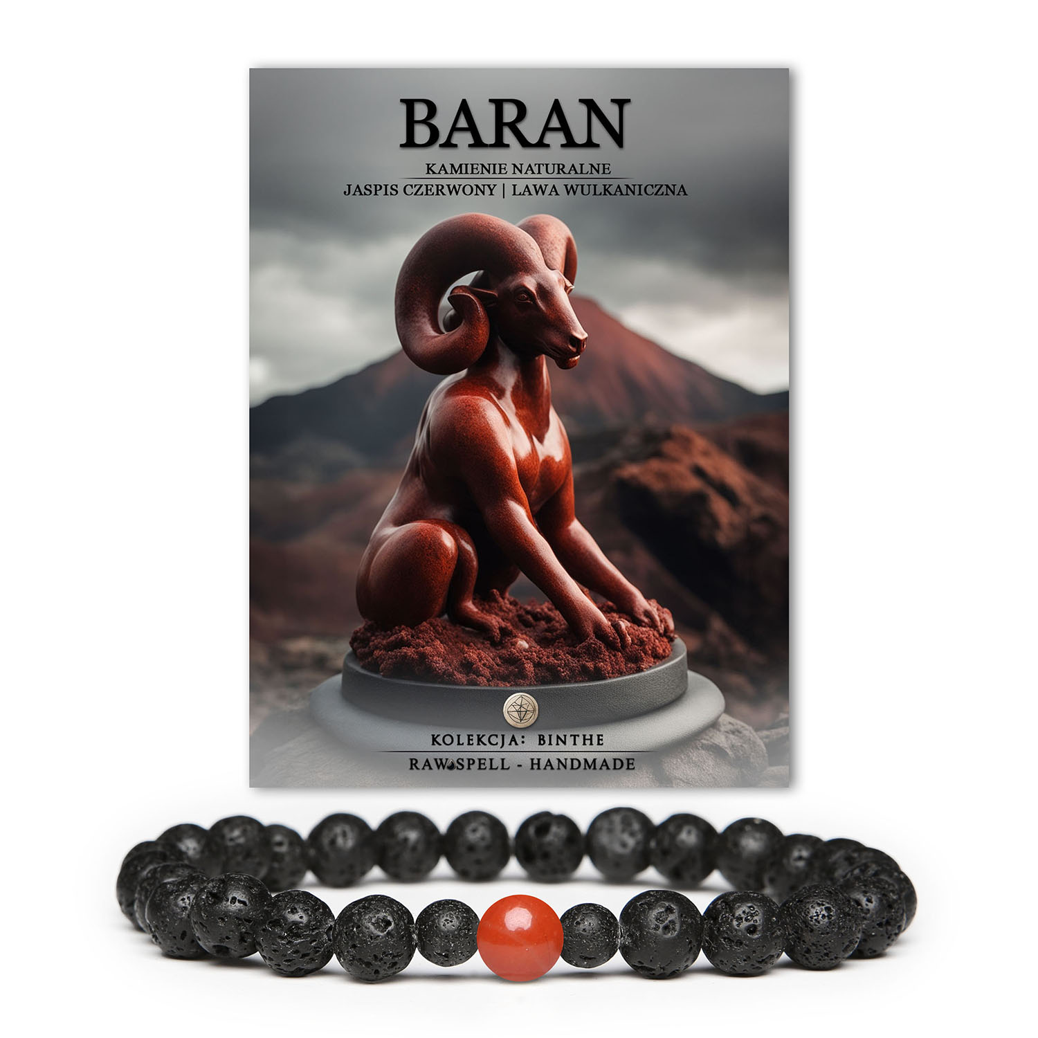 Stylowa bransoletka dla Barana z jaspisu czerwonego i lawy wulkanicznej, symbolizująca siłę i energię, dostępna w kolekcji Binthe dla każdego.