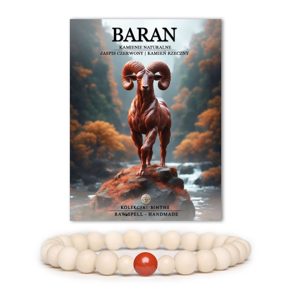 Elegancka bransoletka z kolekcji Binthe, zawierająca jaspis czerwony i kamień rzeczny, symbolizująca znamiona zodiaku Baran, dostępna dla obu płci.