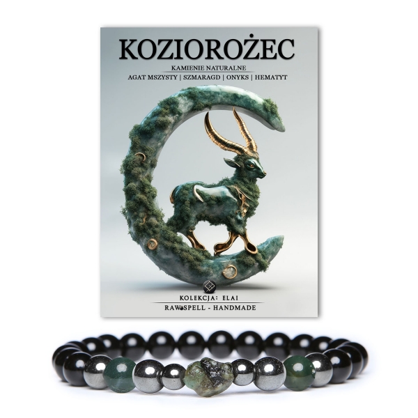 Bransoletka z kolekcji Elai dla Koziorożców, ozdobiona naturalnymi kamieniami: agat mszysty, szmaragd, onyks i hematyt grafitowy, idealna dla kobiet i mężczyzn.