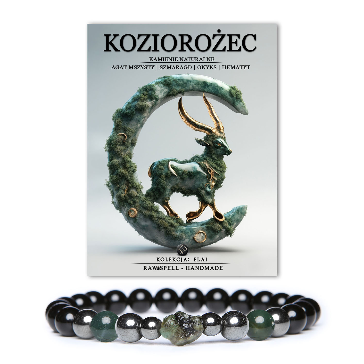 Bransoletka z kolekcji Elai dla Koziorożców, ozdobiona naturalnymi kamieniami: agat mszysty, szmaragd, onyks i hematyt grafitowy, idealna dla kobiet i mężczyzn.