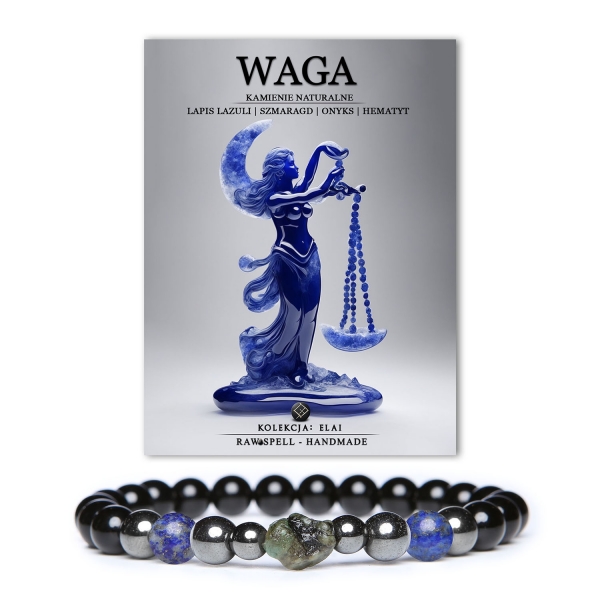 Elegancka bransoletka z naturalnych kamieni: lapis lazuli, szmaragd, onyks i hematyt grafitowy, idealna dla osób spod znaku Wagi, z kolekcji Elai.