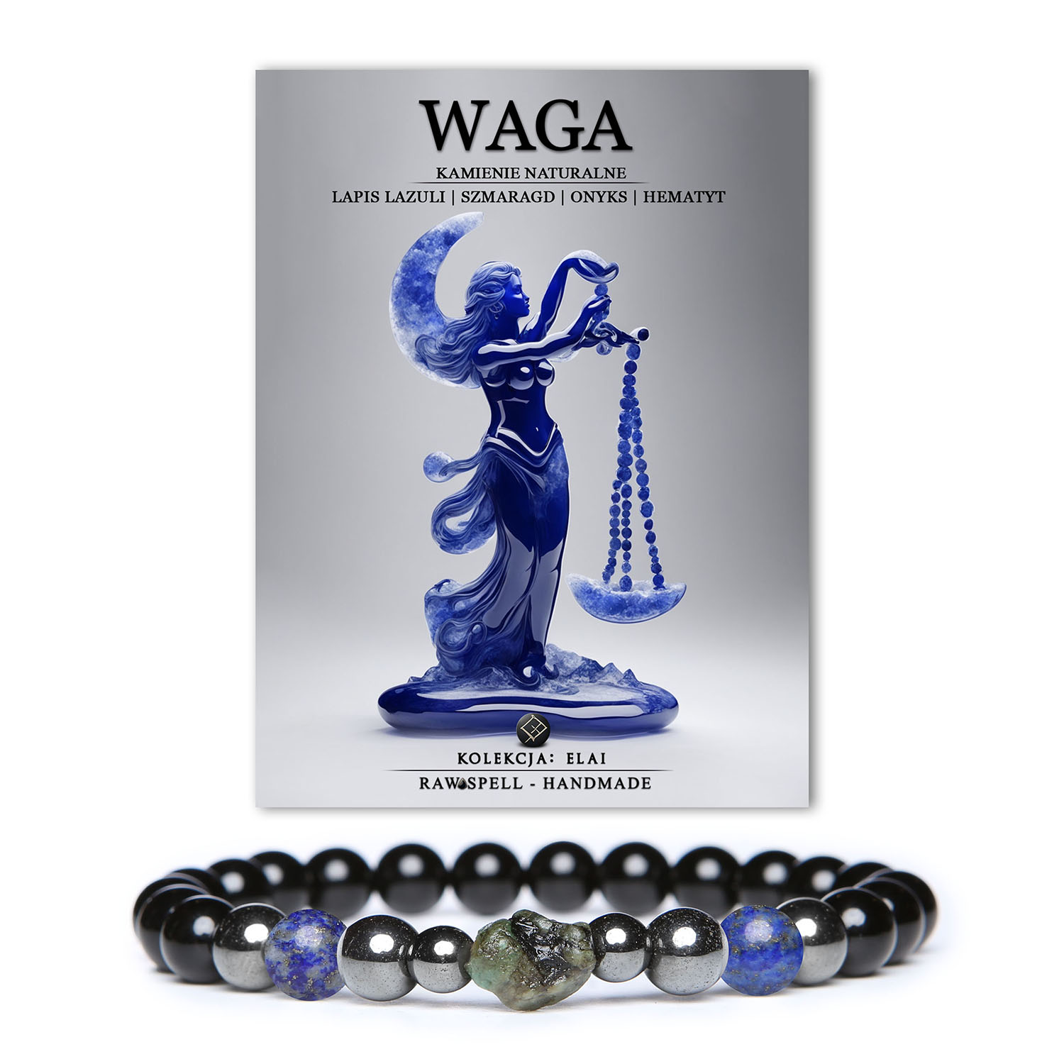 Elegancka bransoletka z naturalnych kamieni: lapis lazuli, szmaragd, onyks i hematyt grafitowy, idealna dla osób spod znaku Wagi, z kolekcji Elai.