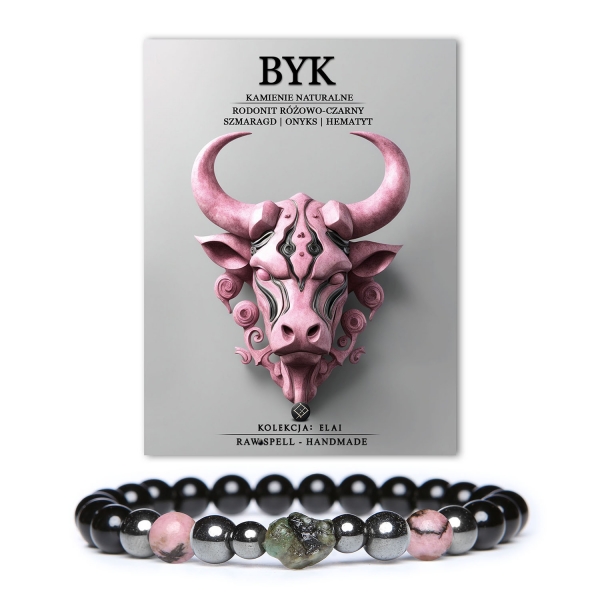 Detal bransoletki z kamieni naturalnych z kolekcji Elai, inspirowanej znakiem Byka, prezentujący rodonit, szmaragd, onyks i hematyt w eleganckim połączeniu.