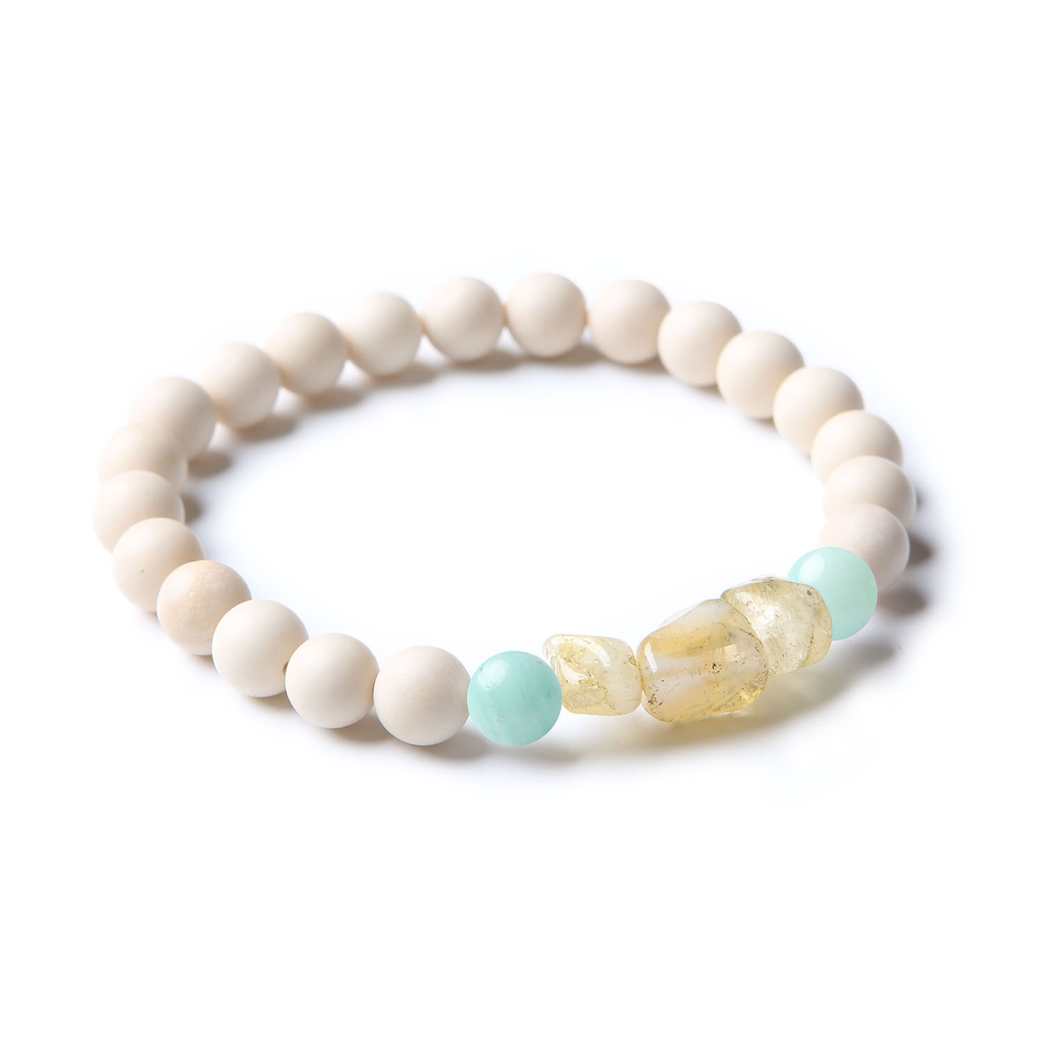Bransoletka z kamieni naturalnych z linii Cymiri, dedykowana dla kobiet i mężczyzn, zawierająca jasny amazonit, cytryn oraz kamień rzeczny.