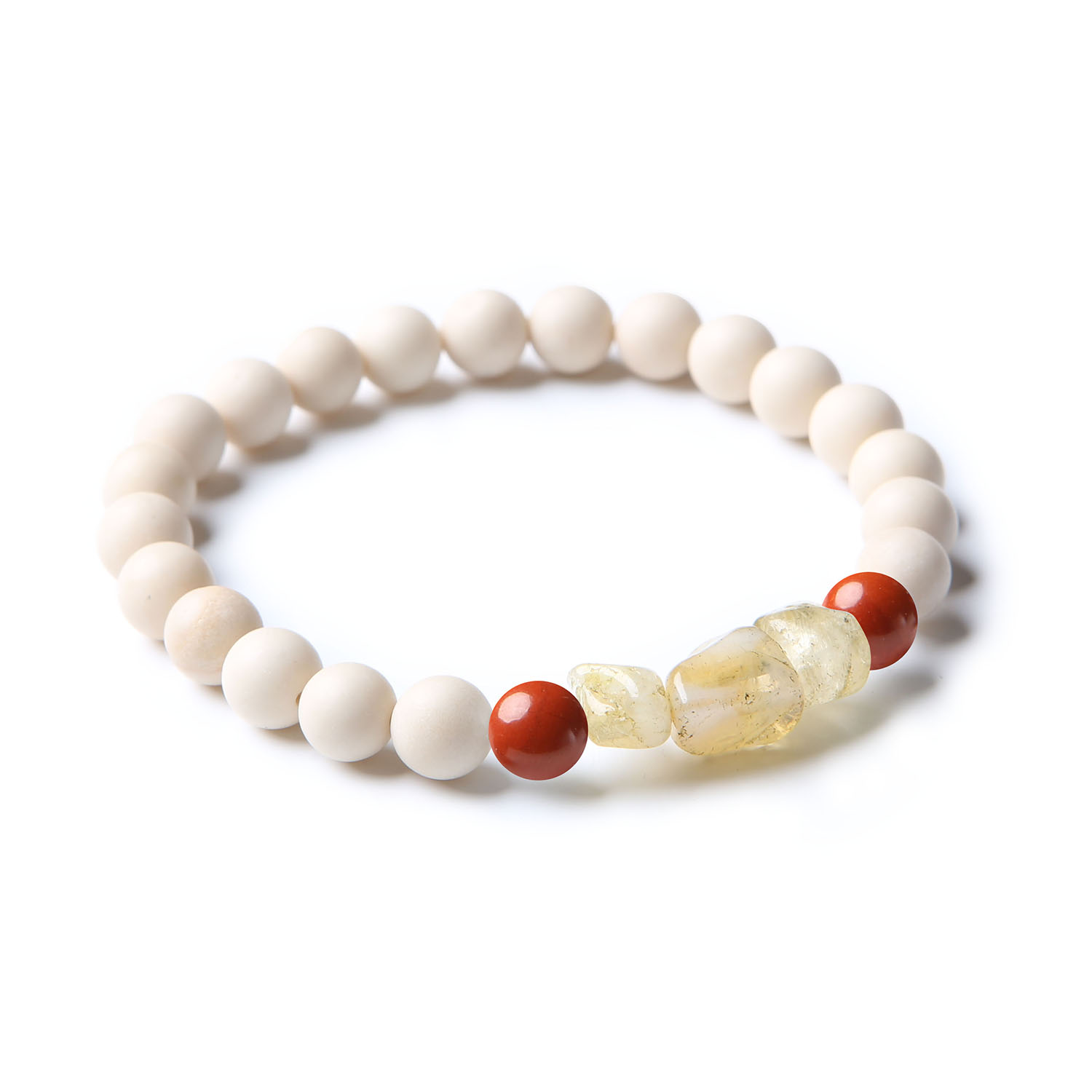 Elegancka bransoletka z kamieni naturalnych z kolekcji Cymiri, w skład której wchodzą jaspis czerwony, cytryn i kamień rzeczny, idealna na prezent.