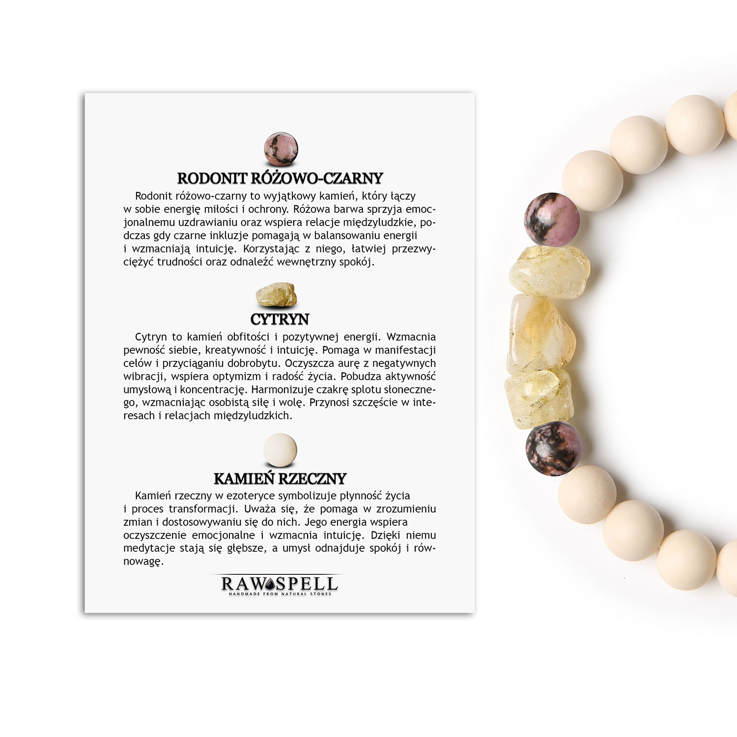 Odkryj bransoletkę z kolekcji Cymiri Rodonit, Cytryn, Kamień Rzeczny. Naturalny styl dla Mężczyzn i Kobiet Elegancka bransoletka z kolekcji Cymiri wykonana z rodonitu różowo-czarnego, cytrynu i kamienia rzecznego, dedykowana dla mężczyzn i kobiet.