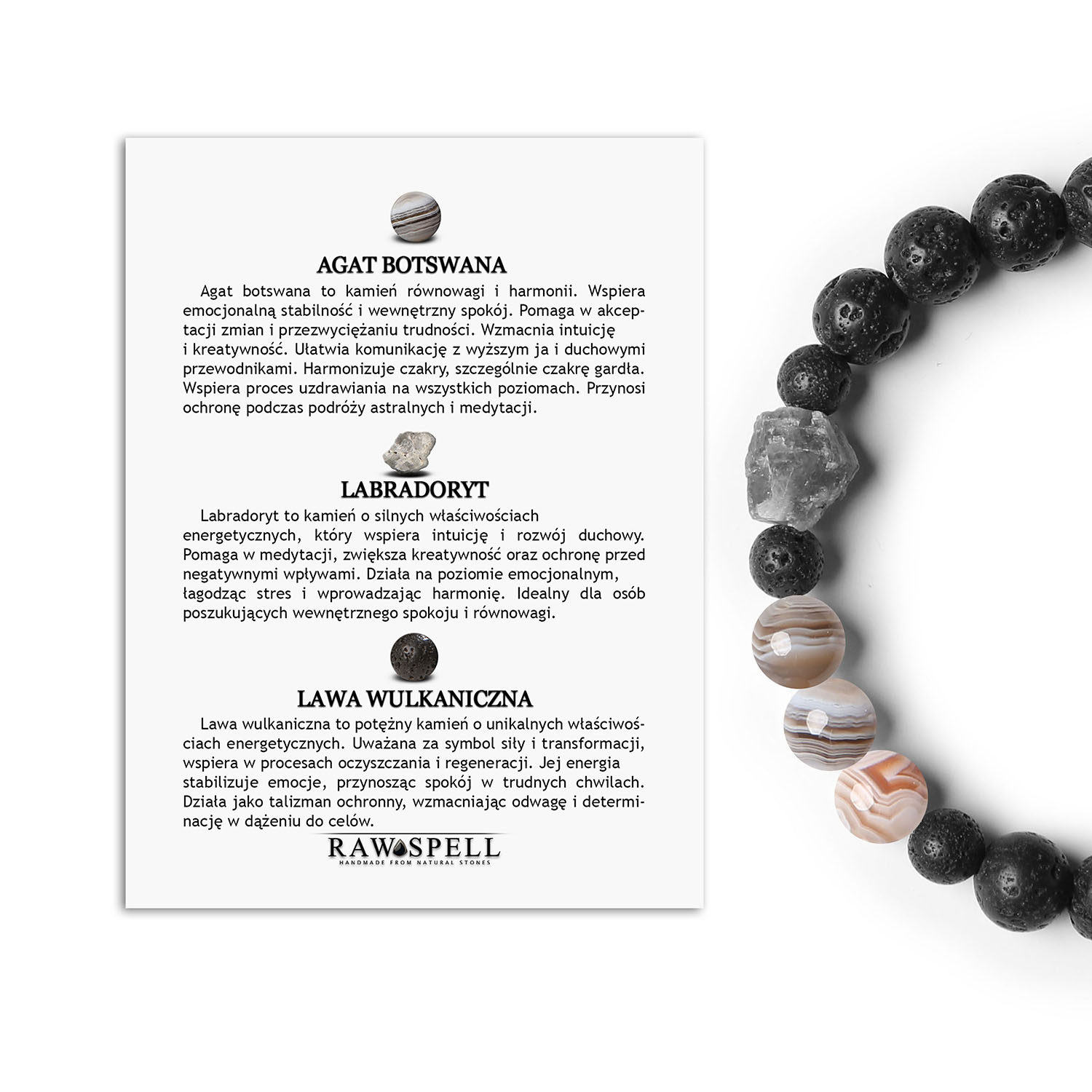 Odkryj bransoletkę z kolekcji Derdr Agat Botswana, Labradoryt, Lawa Wulkaniczna. Idealna dla kobiet i mężczyzn. Stylowy wybór Bransoletka Derdr z naturalnymi kamieniami: agat Botswana, labradoryt i lawa wulkaniczna. Unisex - pasująca zarówno kobiecie, jak i mężczyźnie.