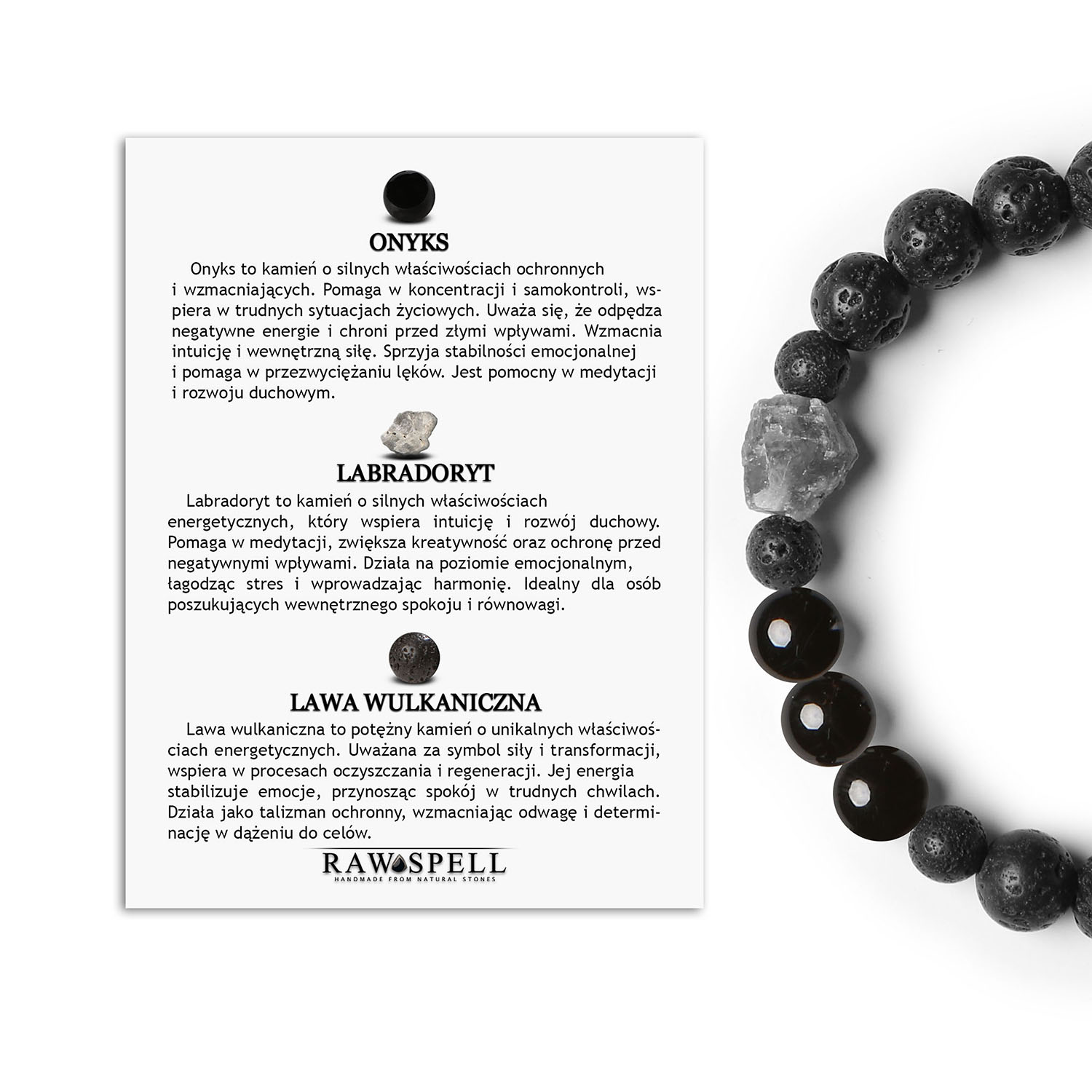 Odkryj bransoletkę z kolekcji Derdr onyks, labradoryt, lawa wulkaniczna. Unikalne kamienie naturalne dla dam i panów Stylowa bransoletka Derdr wykonana z naturalnych kamieni: onyks, labradoryt i lawa wulkaniczna, unisex.