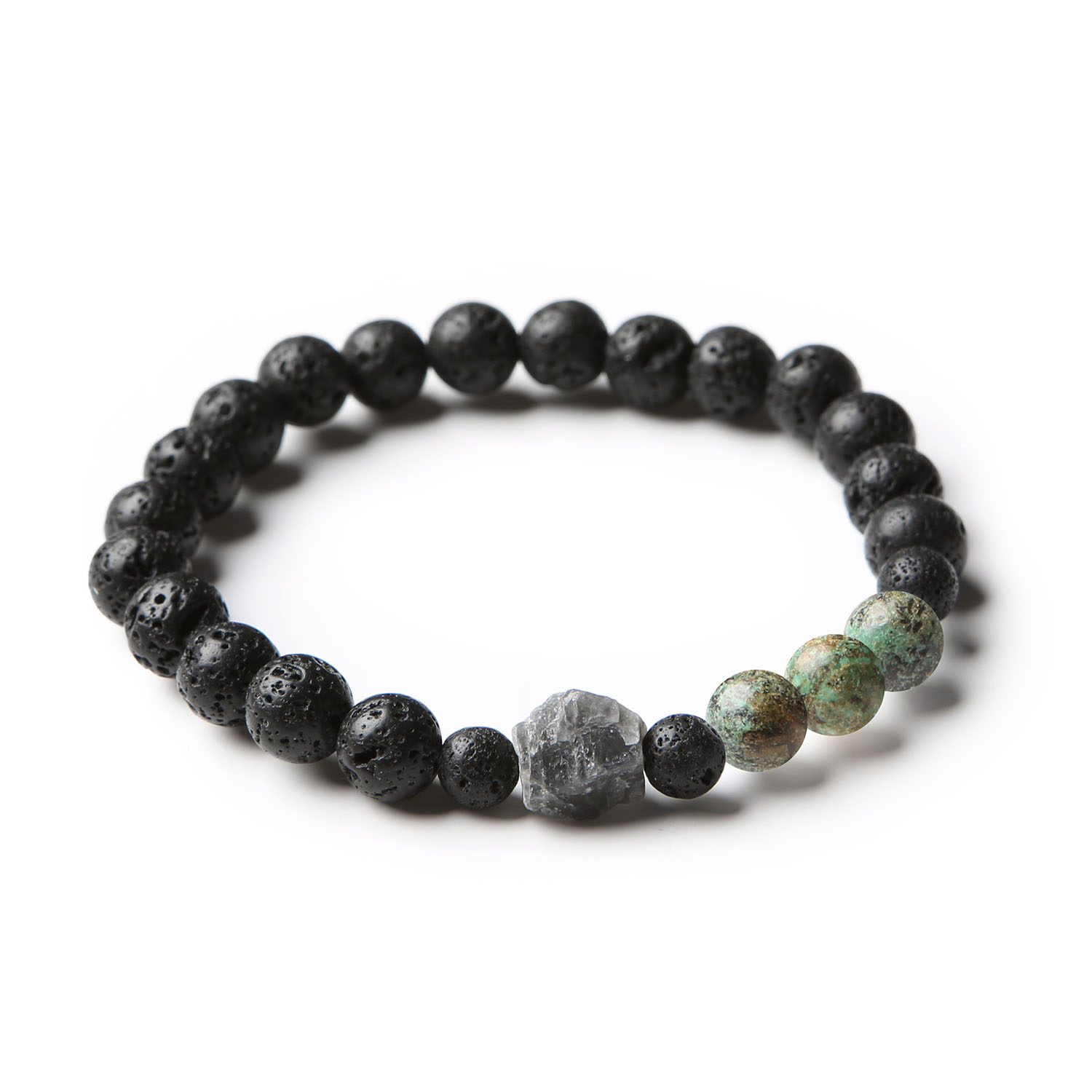 Elegancka bransoletka Derdr z turkusem afrykańskim, labradorytem i lawą wulkaniczną, stworzona z myślą o miłośnikach naturalnych kamieni – odpowiednia zarówno dla kobiet, jak i mężczyzn.
