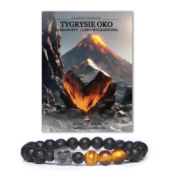 Stylowa bransoletka Derdr z tygrysim okiem, labradorytem i lawą wulkaniczną — idealna dla kobiet i mężczyzn ceniących naturalne materiały.