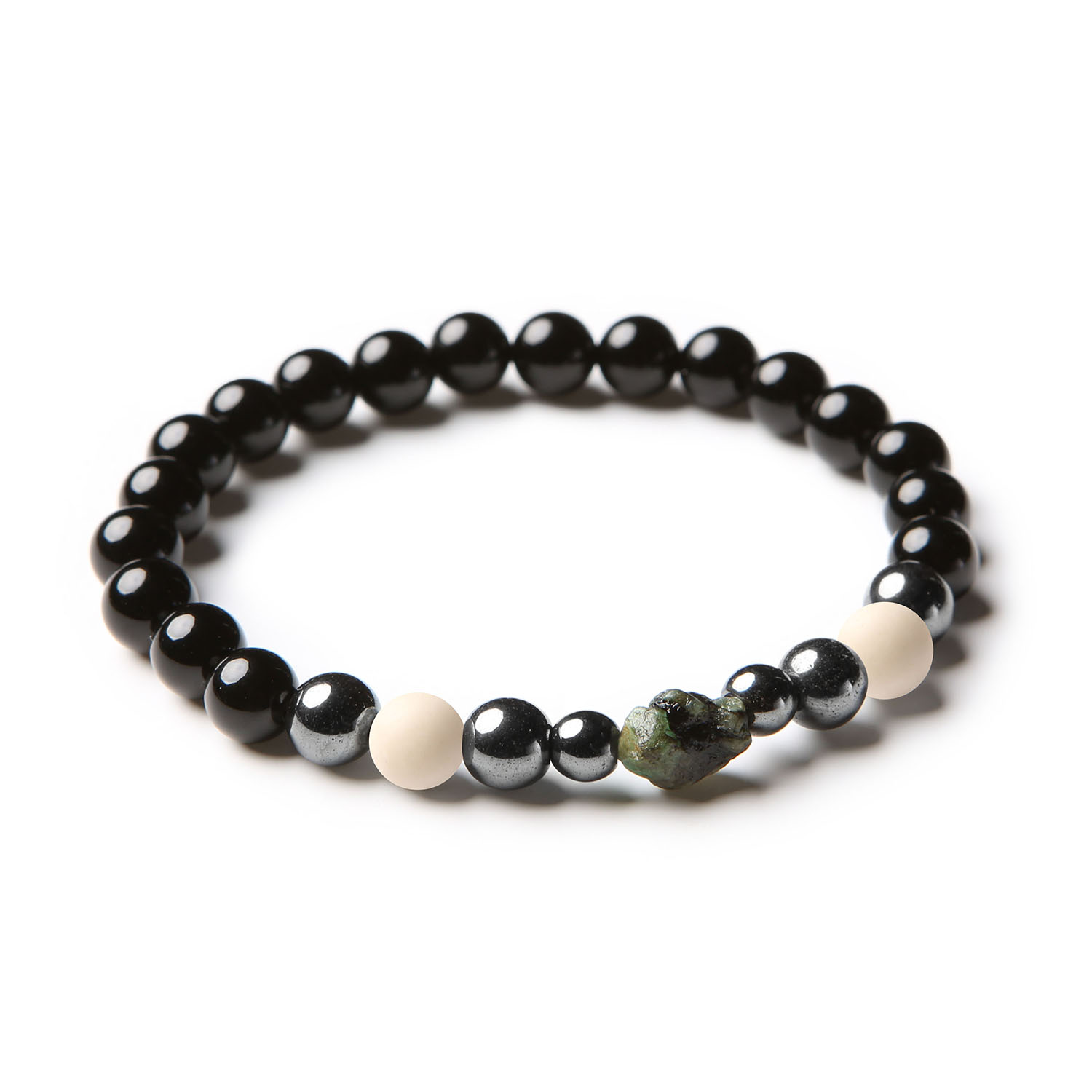 Stylowa bransoletka Elai z naturalnymi kamieniami: rzecznym, szmaragdem, onyksem i hematytem grafitowym - dla kobiet i mężczyzn.
