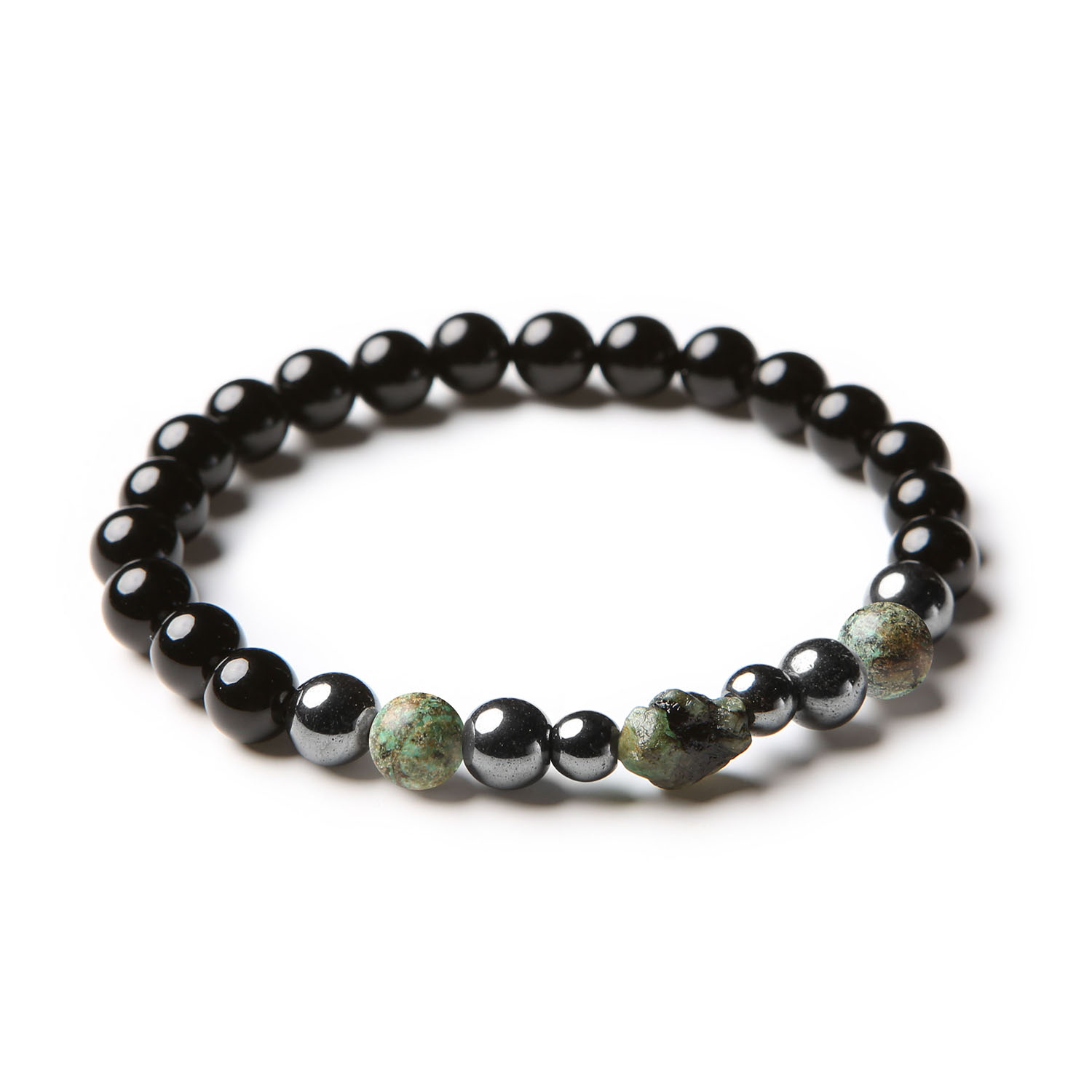 Elegancka bransoletka damska i męska z kolekcji Elai, ozdobiona turkusem afrykańskim, szmaragdem, onyksami i hematytem grafitowym.