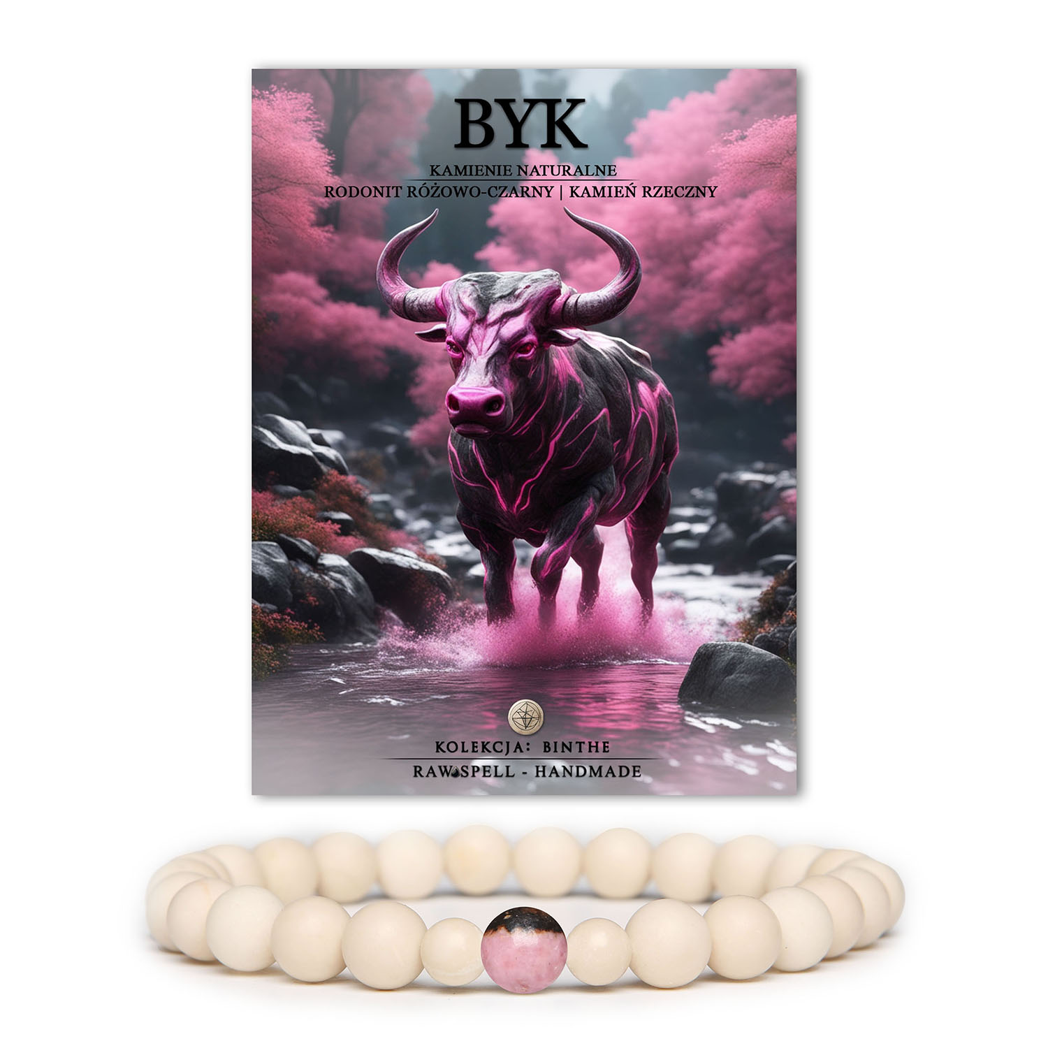 Stylowa bransoletka z rodonitu i kamieni rzecznych, przeznaczona dla kobiet i mężczyzn, idealna dla miłośników znaku Byka - kolekcja Binthe.